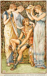 Perseus bewapend door de Nimfen, illustratie uit 